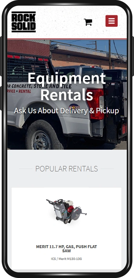 erental mobile landing page on equipment rental business website